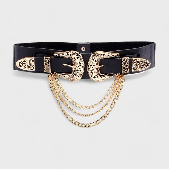Fashion Nova Accessories - Fashion Nova Plus Stretch Black Gold Double Buckle Chain Detail waist 42-45in